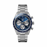 TAG Heuer Carrera Chronograph Sport CDB2111.BA0054 shown face-on with its deep blue dial and silver azuré counters fully visible. The H-shaped steel bracelet is displayed straight down, showing its fine-brushed and polished link pattern.