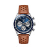 TAG Heuer Carrera Chronograph Sport CDB2111.FC8378 shown face-on with its blue dial and silver azuré counters fully visible. The brown perforated leather strap is displayed straight down, secured by a steel folding clasp.