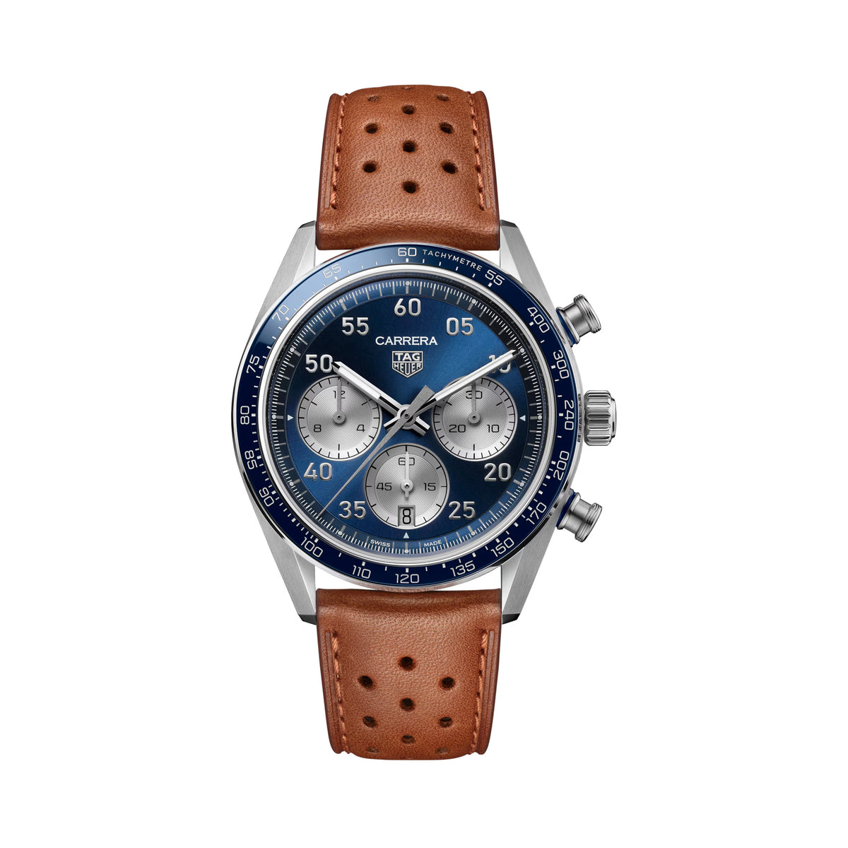 TAG Heuer Carrera Chronograph Sport CDB2111.FC8378 shown face-on with its blue dial and silver azuré counters fully visible. The brown perforated leather strap is displayed straight down, secured by a steel folding clasp.