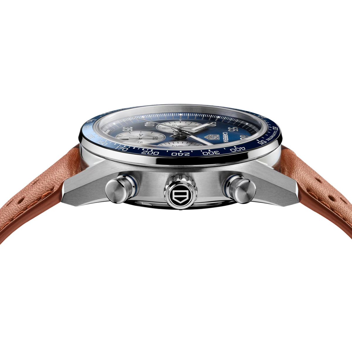 TAG Heuer Carrera Chronograph Sport CDB2111.FC8378 photographed from a side profile, showing the case thickness, steel crown, and chronograph pushers. The brown leather strap and blue ceramic bezel are visible together in frame.