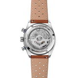 TAG Heuer Carrera Chronograph Sport CDB2111.FC8378 shown through the sapphire exhibition caseback, revealing the Calibre TH20-00 automatic movement. The brown leather strap is visible alongside the case-back detail.
