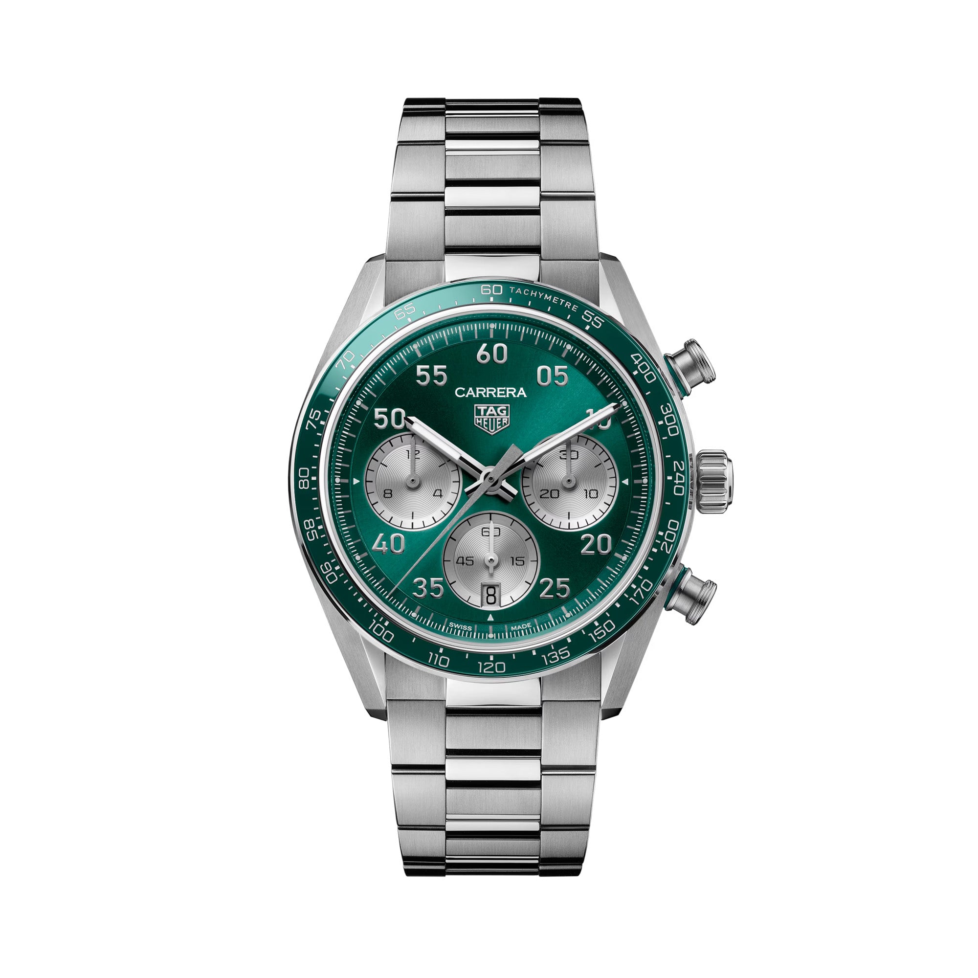 TAG Heuer Carrera Chronograph Sport CDB2112.BA0054 shown face-on with its teal green dial and silver azuré counters fully visible. The H-shaped steel bracelet is displayed straight down, showing its fine-brushed and polished link pattern.