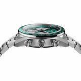 TAG Heuer Carrera Chronograph Sport CDB2112.BA0054 photographed from a side profile, showing the case thickness and steel crown. The steel bracelet and teal green ceramic bezel are visible together in frame.