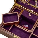 Open view of the Wolf Cinderella Ballet Musical Jewellery Box 190017, revealing the LusterLoc™-treated ultrasuede-lined compartments and an embroidered Cinderella-themed backdrop by Fiona Howard.