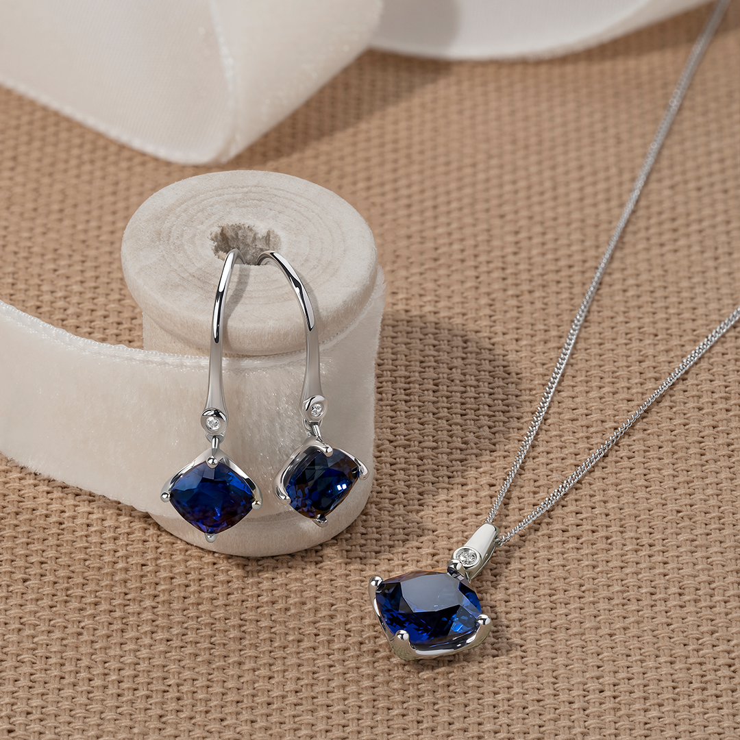 Created Sapphire and Diamond Drop Earrings in 9ct White Gold