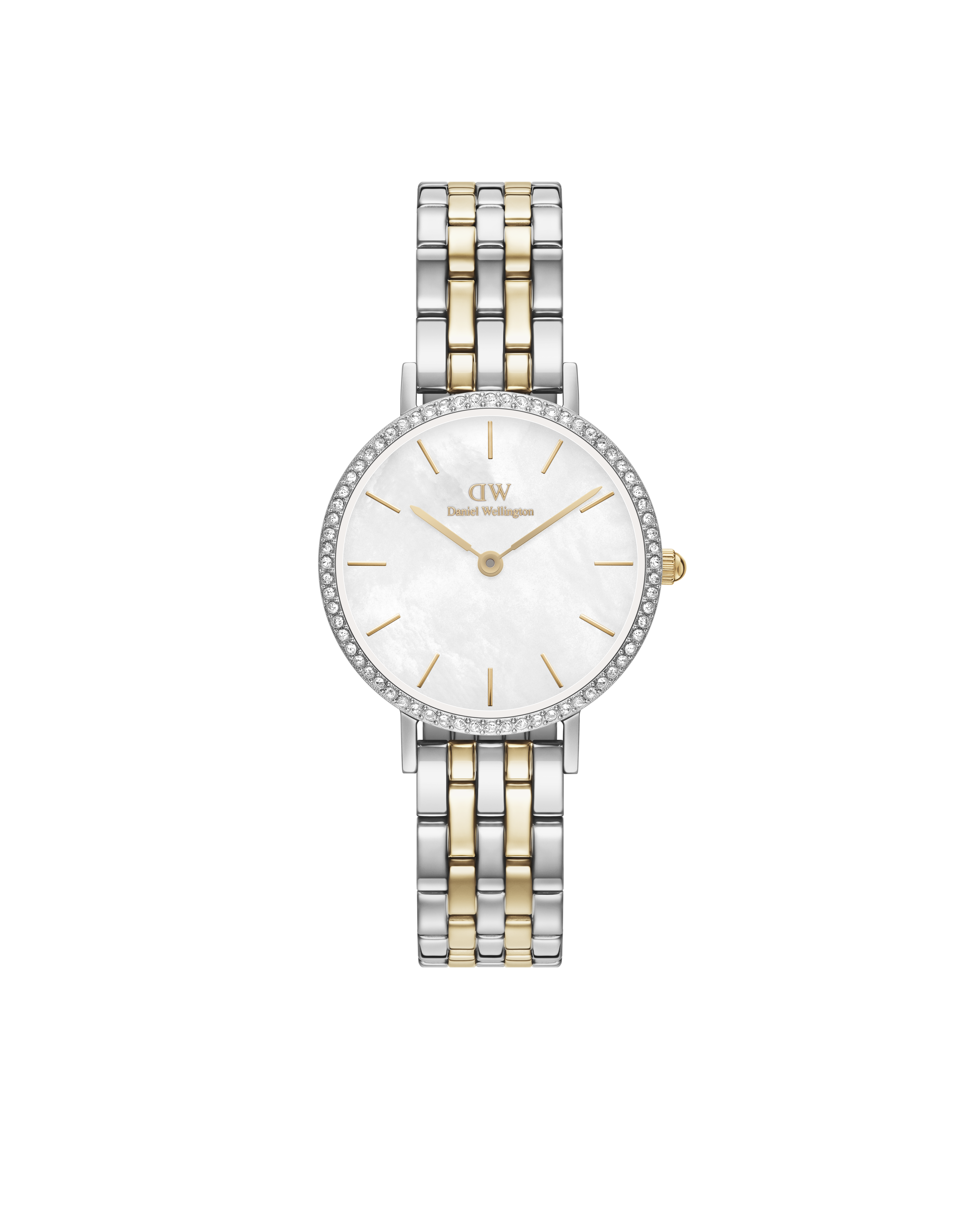 Daniel Wellington Petite 28 Bezel 5-Link White Mother of Pearl Two-Tone Gold & Silver Watch