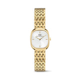 Front view of the Daniel Wellington Corta Grain-Link Women’s 24mm Quartz Watch DW00100993, showing the gold cushion-shaped case and white sunray dial. The polished gold grain-link bracelet is shown in full beneath the case.