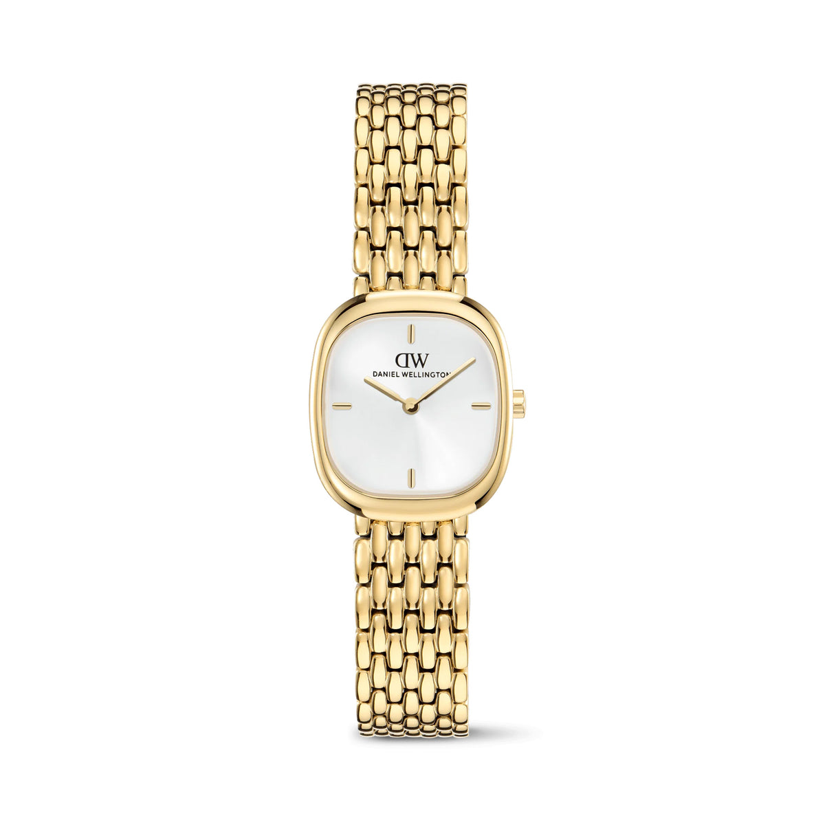 Front view of the Daniel Wellington Corta Grain-Link Women’s 24mm Quartz Watch DW00100993, showing the gold cushion-shaped case and white sunray dial. The polished gold grain-link bracelet is shown in full beneath the case.