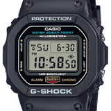 Close up of Casio G-Shock DW5600UE-1D watch front view, featuring the iconic all-black square resin case