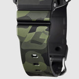 Camouflage-patterned watch band on a gray background