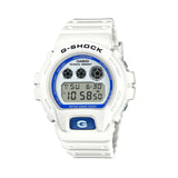 Front-on view of the Casio G-SHOCK Quartz Men's Watch DW-6900HDS-7, in a white resin case with a blue phosphorescent digital dial. The classic square case shape and digital display are shown clearly from this straight-on angle.