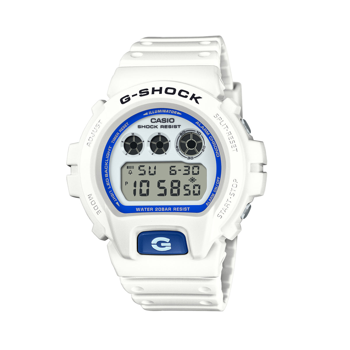Front-on view of the Casio G-SHOCK Quartz Men's Watch DW-6900HDS-7, in a white resin case with a blue phosphorescent digital dial. The classic square case shape and digital display are shown clearly from this straight-on angle.