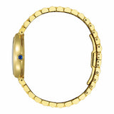 Side view showing the case profile, spherical sapphire crystal, and synthetic sapphire-set crown. The integrated bracelet connects smoothly into the pear-shaped case silhouette.