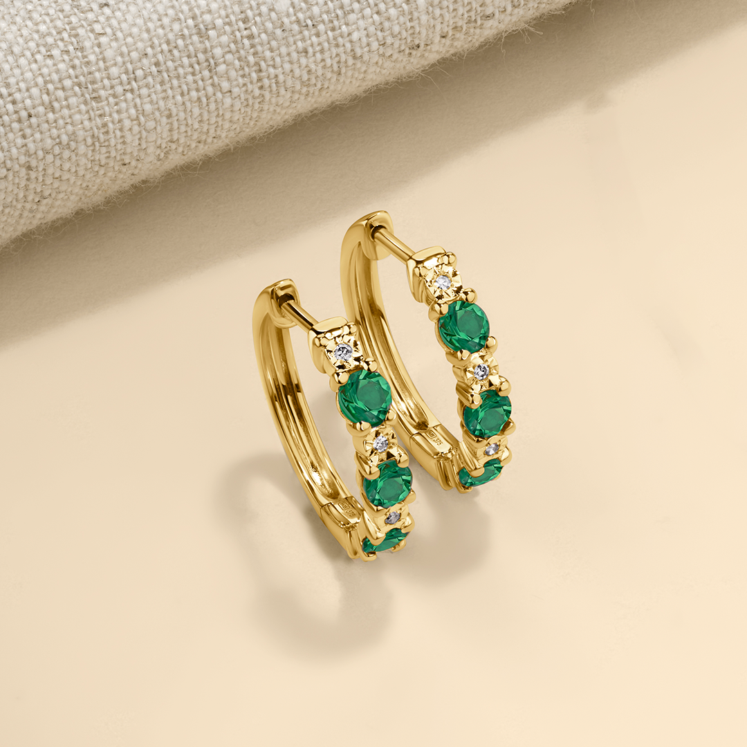 Emerald & Diamond Huggie Hoop Earrings in 9ct Yellow Gold
