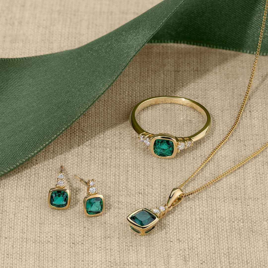 Cushion Created Emerald & Diamond Drop Pendant in 9ct Yellow Gold