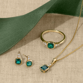 Created Emerald & Diamond Cushion Stud Earrings in 9ct Yellow Gold
