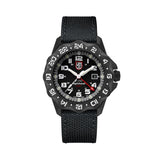 Front view of the Luminox F-117 Nighthawk Men's 44mm Quartz GMT Watch XA.6441 with a black dial and luminous numerals. This F-117 Nighthawk pilot's watch features a black CARBONOX™+ case, an angled bi-directional rotating bezel and a black Kevlar strap.