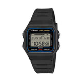 Front-on view of the Casio Vintage Digital Watch F-B100W-1A, in a black resin case with a blue accent ring around the dial. The classic rectangular case shape and digital display are clearly visible from this straight-on angle.