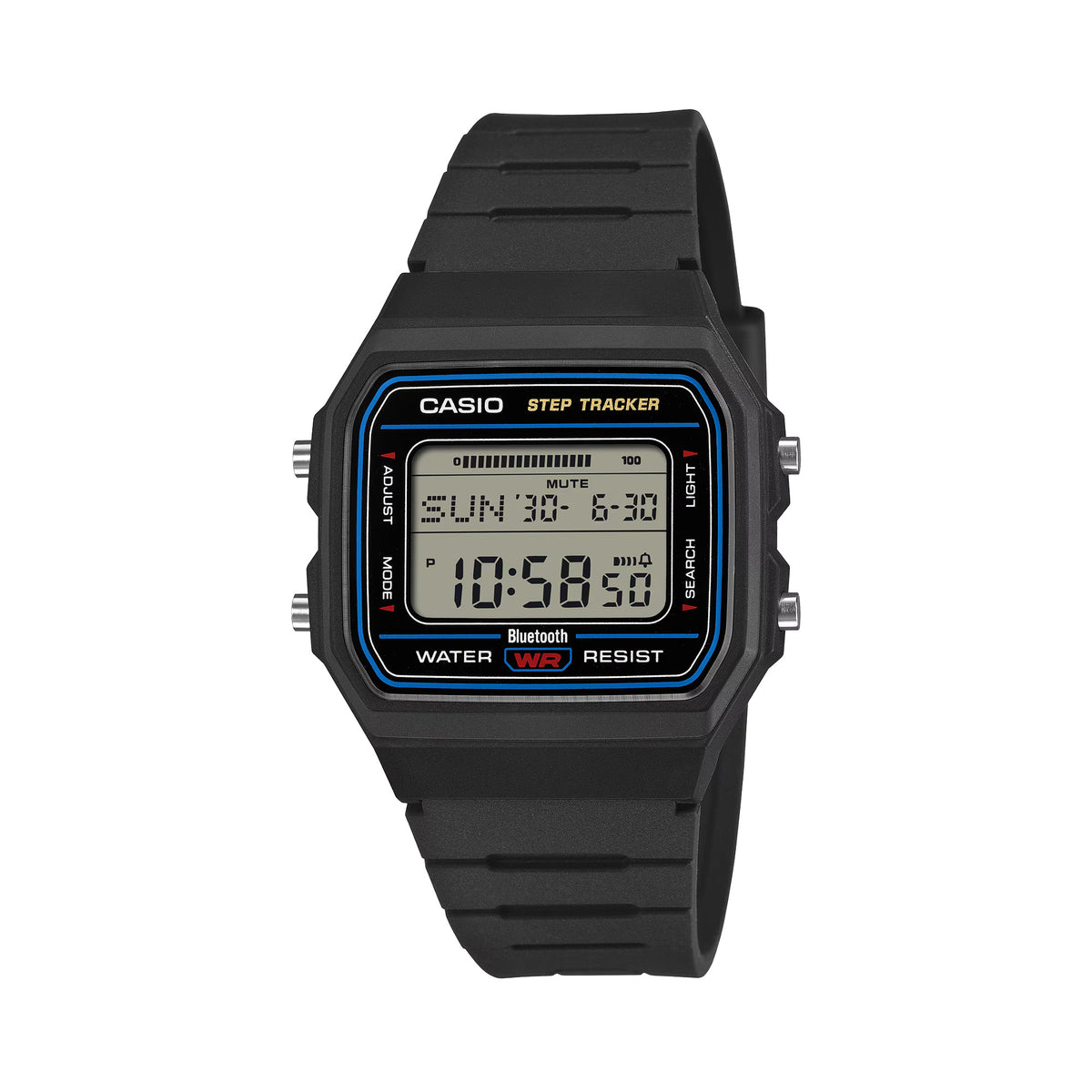 Front-on view of the Casio Vintage Digital Watch F-B100W-1A, in a black resin case with a blue accent ring around the dial. The classic rectangular case shape and digital display are clearly visible from this straight-on angle.