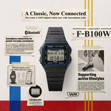 Lifestyle shot of the Casio Vintage Digital Watch F-B100W-1A styled in an active, everyday setting, reflecting its Bluetooth step-tracking function. The black resin case and blue dial accent are shown in a natural, real-world context.