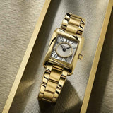 Frederique Constant Carrée Quartz Women's Watch FC-200MCDC25B styled in a lifestyle setting, reflecting its Art Déco-inspired, jewellery-led design suited to dressier occasions. The diamond bezel and gold-tone finish complement a refined, feminine look.