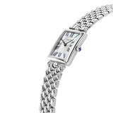 Frederique Constant Women's 28mm Stainless Steel Quartz Watch FC-200MPW2AC6B photographed at a three-quarter angle, highlighting the fluted crown set with a blue cabochon. The polished stainless steel bracelet catches the light along the case edge.
