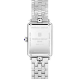 Frederique Constant Women's 28mm Stainless Steel Quartz Watch FC-200MPW2AC6B shown from the back, featuring the stainless steel case back that houses the FC-200 quartz movement. The construction supports the watch's 30m water resistance rating.