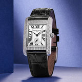 Frederique Constant Classic Quartz Women's 36mm Watch FC-235S2CD6 styled in a lifestyle setting, reflecting its glamorous, Art Deco-inspired design suited to evening and formal occasions. The diamond-set bezel and silver dial complement a refined, luxurious look.