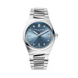 Frederique Constant Highlife Women's 31mm Quartz Stainless Steel Watch FC-240LND2NH26B viewed front-on, showing the metallic icy blue sunray dial with luminous and diamond hour markers. A date window sits within the dial alongside silver-tone hands.