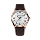 Frederique Constant Men's 40mm Stainless Steel Automatic Watch FC-303MC5B4 viewed front-on, showing the white guilloché dial with Roman numeral indices and a date window. The rose gold-tone case frames the dial with a refined, classic finish.