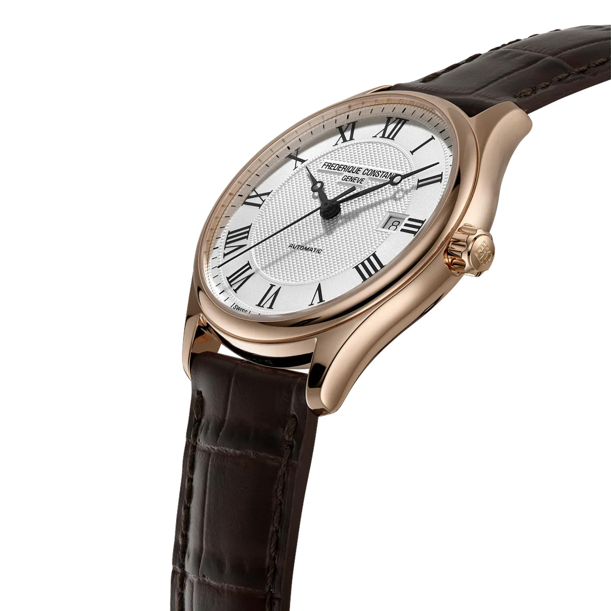 Frederique Constant Men's 40mm Stainless Steel Automatic Watch FC-303MC5B4 photographed at a three-quarter angle, highlighting the rose gold-tone case profile and convex sapphire crystal. The brown crocodile-embossed leather strap complements the case finish.