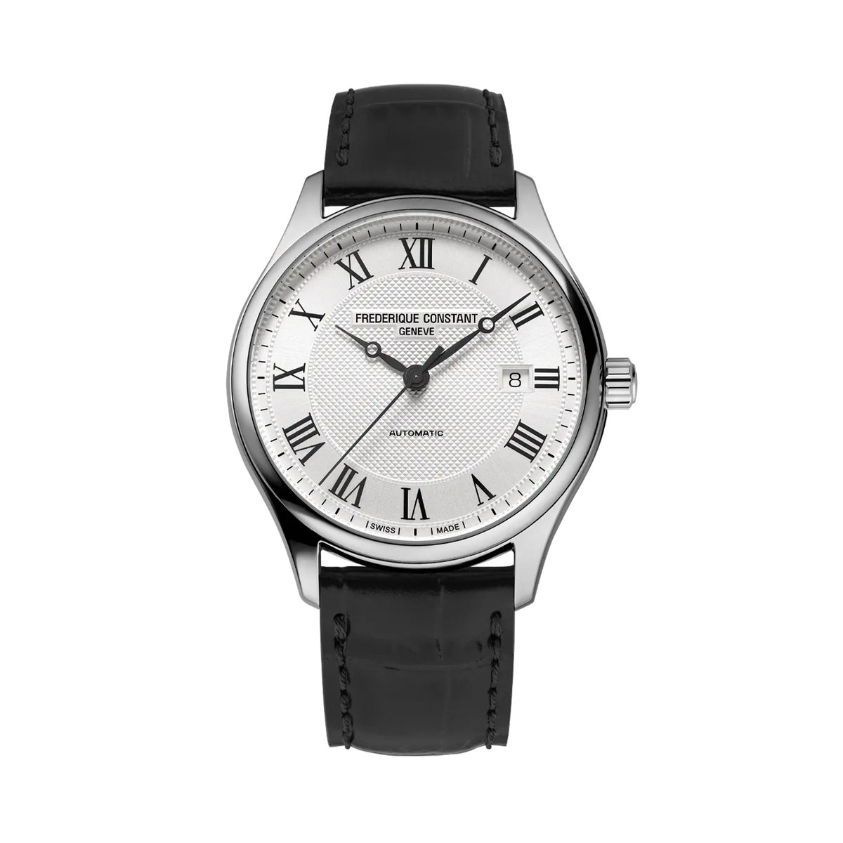 Frederique Constant Classic Automatic Men's 40mm Watch FC-303MC5B6 viewed front-on, showing the silver dial with printed black Roman numeral markers and luminescent accents. A date window sits within the dial alongside the automatic hour and minute hands.