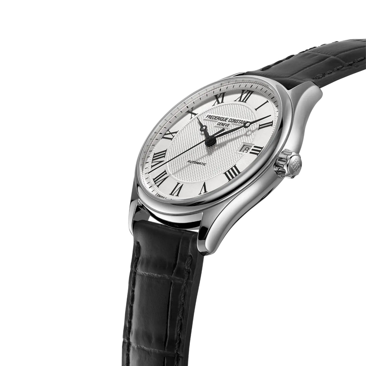 Frederique Constant Classic Automatic Men's 40mm Watch FC-303MC5B6 photographed at a three-quarter angle, highlighting the rose gold-plated finish across the round stainless steel case. The case profile catches the light along its polished surface.