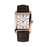 Frederique Constant Classics Carrée Automatic Men's 30mm Watch FC-303V4C4 viewed front-on, showing the silver textured dial with applied rose gold-tone indexes and a date window. Rose gold-tone hands sit within the rectangular case.