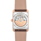 Frederique Constant Classics Carrée Automatic Men's 30mm Watch FC-303V4C4 shown from the back, featuring the exhibition case back that reveals the FC-303 automatic movement. The sapphire crystal window highlights the 38-hour power reserve mechanism.