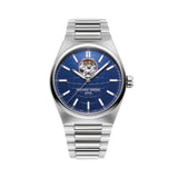 Frederique Constant Men's 41mm Stainless Steel Automatic Watch FC-310N4NH6B viewed front-on, showing the blue matt dial with an embossed globe pattern and applied indexes. An open heart aperture at 12 o'clock reveals part of the movement, with silver hands set against the dial.