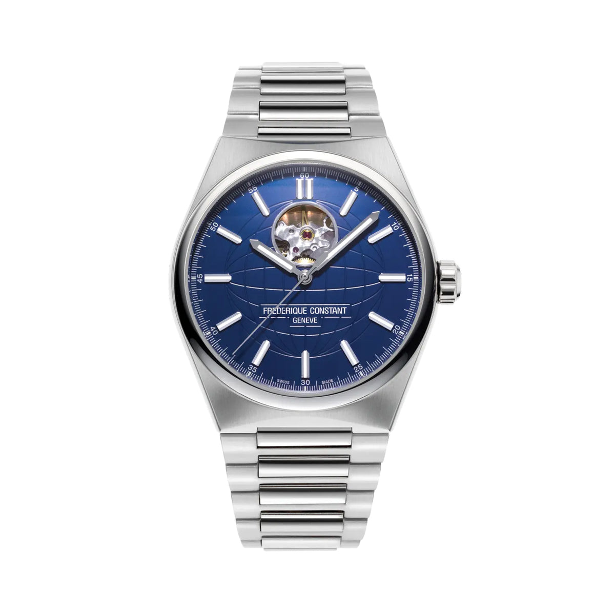 Frederique Constant Men's 41mm Stainless Steel Automatic Watch FC-310N4NH6B viewed front-on, showing the blue matt dial with an embossed globe pattern and applied indexes. An open heart aperture at 12 o'clock reveals part of the movement, with silver hands set against the dial.