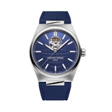 Frederique Constant Men's 41mm Stainless Steel Automatic Watch FC-310N4NH6B viewed front-on, showing the blue matt dial with an embossed globe pattern and applied indexes. An open heart aperture at 12 o'clock reveals part of the movement, with silver hands set against the dial.