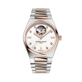 Frederique Constant Highlife Automatic Women's 34mm Watch FC-310VD2NH2B viewed front-on, showing the silver dial with an embossed globe pattern, diamond indexes and an open heart aperture at 12 o'clock. Gold-tone hands sit against the two-tone stainless steel case.