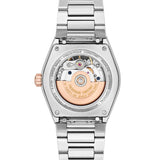 Frederique Constant Highlife Automatic Women's 34mm Watch FC-310VD2NH2B shown from the back, featuring the sapphire crystal case back that reveals the FC-310 automatic movement. The exhibition window highlights the 38-hour power reserve mechanism.