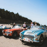 A group of classic convertible sports cars parked outdoors on a sunny day, with several people standing nearby. The most prominent car in the foreground is a light blue convertible, followed by a red convertible and other cars partially visible behind it.