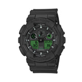 Casio G-Shock GA100BEG-1A front view, featuring the large 55mm all-black round resin case with electro green LCD accents, three-dial analogue-digital layout with aluminium hands, four symmetrical LCD windows, oversized checkered anti-slip buttons, and bold G-Shock branding in a striking black and electro green colourway.