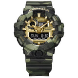 The Casio G-Shock GA700CMG-3A reveals the four-colour green camouflage MAP-print detail across the bezel, the gold vapour deposition finish across the dial face and sculpted multi-dimensional hands in close detail.