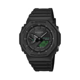 Casio G-Shock GAB2100BEG-1A Solar CasiOak front view, featuring the iconic 45.4mm all-black octagonal Carbon Core Guard bio-based resin case with electro green LCD accents, dual-layer analogue-digital dial, Neobrite luminous hands, hand shift feature, and Tough Solar and Bluetooth branding — the BEG electro green edition of the Solar CasiOak.