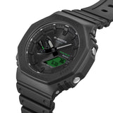 Casio G-Shock GAB2100BEG-1A front view — all-black octagonal Carbon Core Guard bio-based resin case, electro green LCD accents, analogue-digital dual-layer dial. 48.5mm x 45.4mm x 11.9mm, 52 grams, Tough Solar, Bluetooth, 200M water resistant.