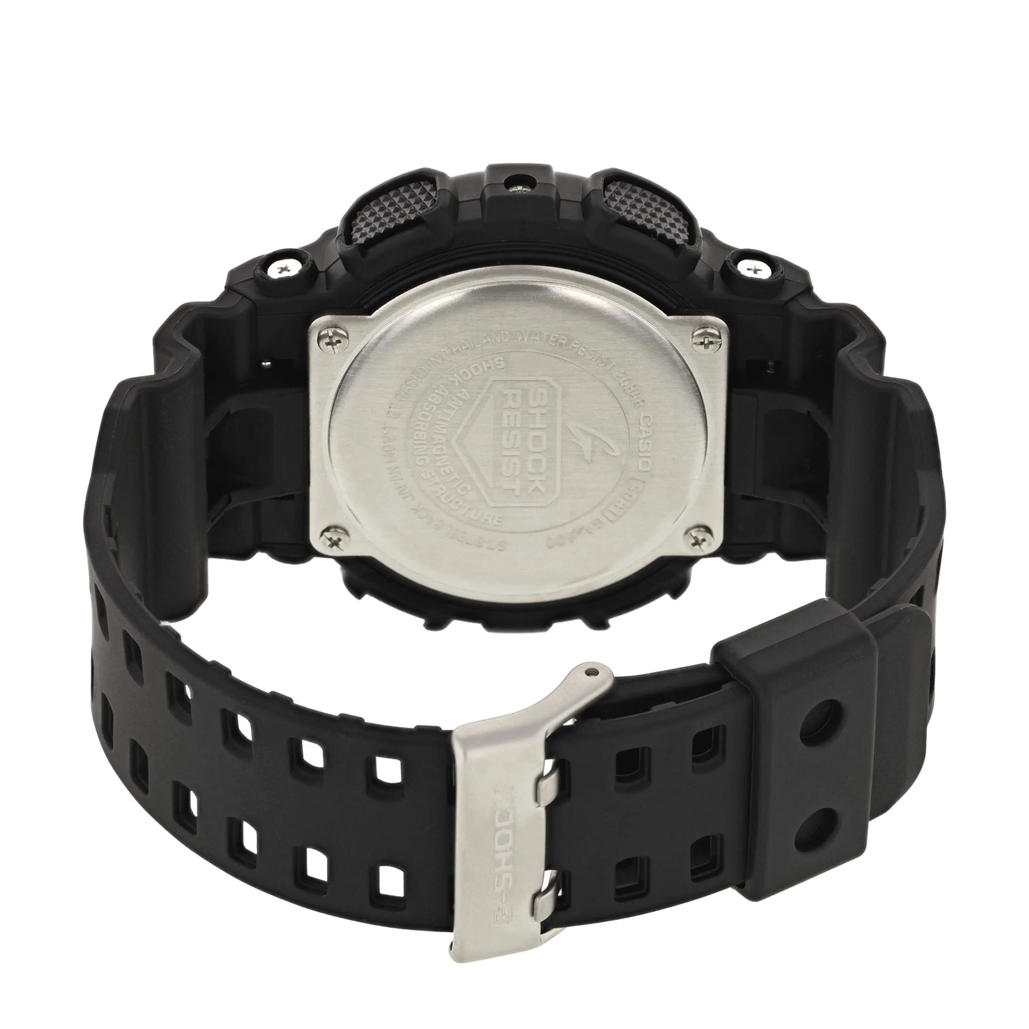 Casio G-SHOCK Analogue Digital Men's Watch GA100-1A1 - image showing a case back with inscribed 'shock resist' and stainless steel buckle. 