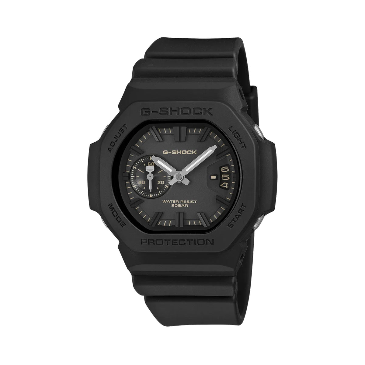 Front-on view of the Casio G-SHOCK 2500 Series Quartz Men’s Watch GAC2500-1A, 46.7mm case, in black resin with a black dial. The analogue dial and three-cell date window are clearly visible.