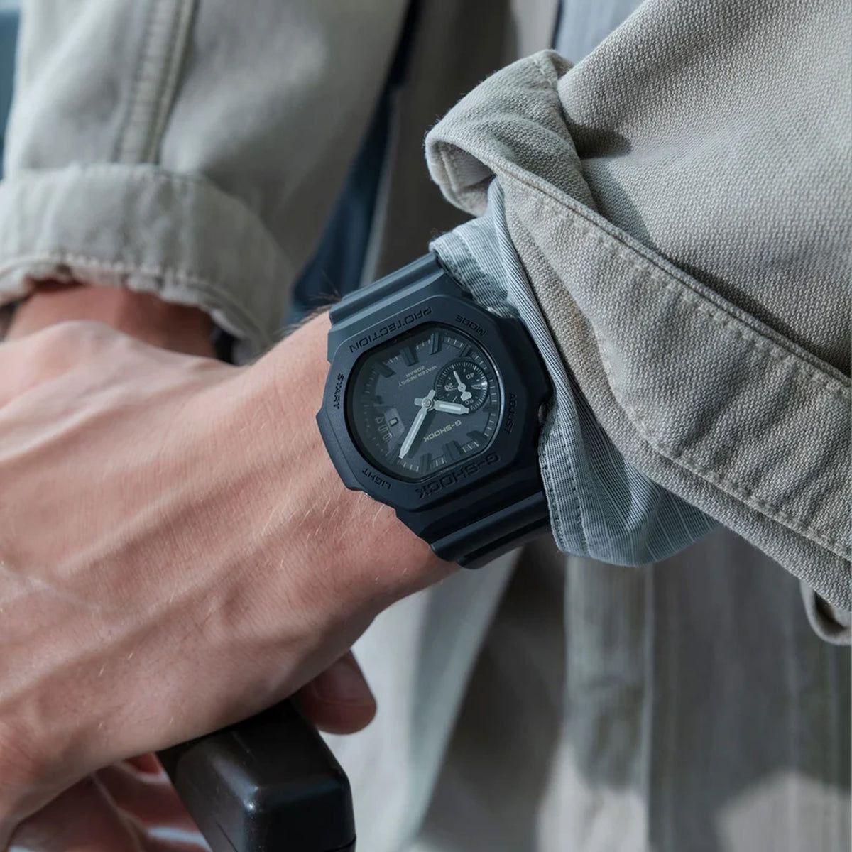 The Casio G-SHOCK 2500 Series Quartz Men’s Watch GAC2500-1A, 46.7mm case, worn on the wrist. The lightweight black design shows the scale and fit.