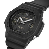 Three-quarter angle view of the Casio G-SHOCK 2500 Series Quartz Men’s Watch GAC2500-1A, 46.7mm case, highlighting the black resin bezel and rounded octagonal case. The black dial and raised bar indexes are visible.