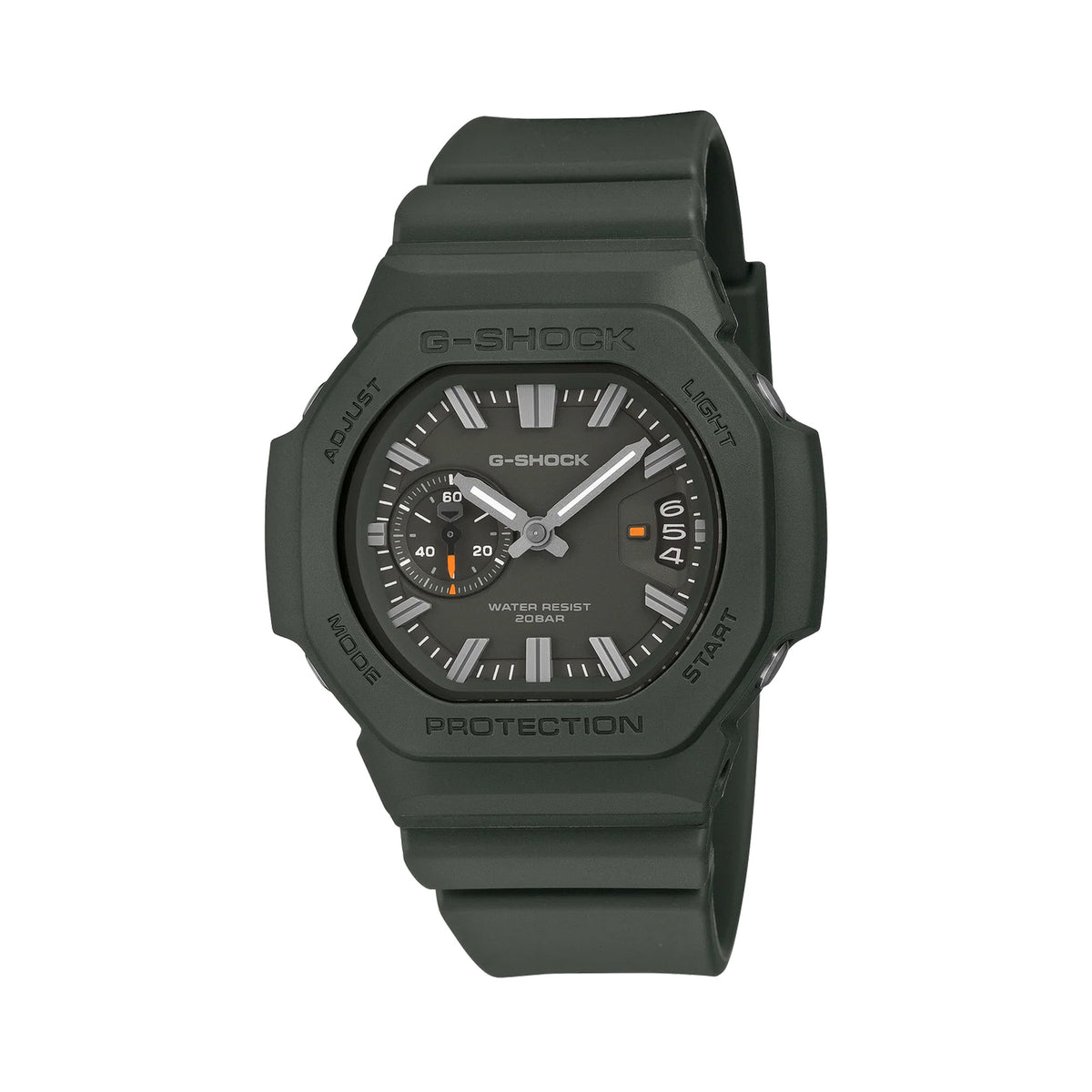 Front on: Front-on view of the Casio G-SHOCK 2500 Series Quartz Men’s Watch GAC2500-3A, 46.7mm case, in green resin with a green dial. The analogue dial and three-cell date window are clearly visible.